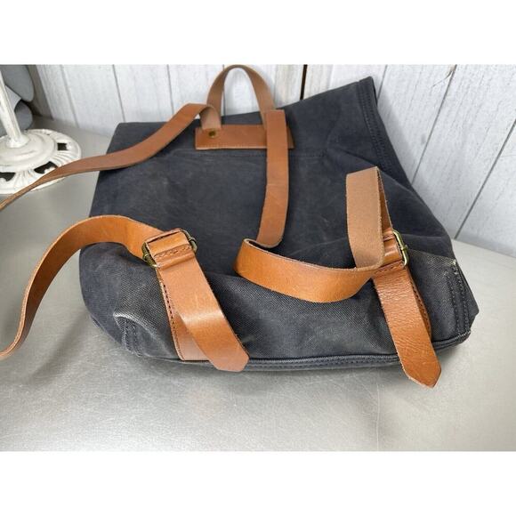 Madewell Black Navy Canvas Brown Leather Straps Backpack Bag Minimalist Boho - Picture 4 of 8